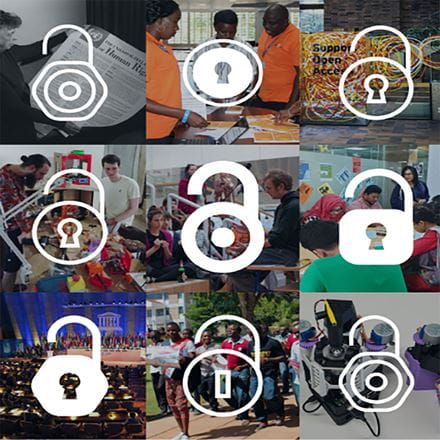 A grid of nine images, each overlaid with an unlocked padlock.