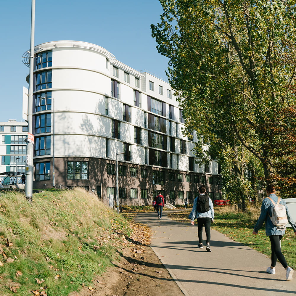 Students walking outside University of Essex Accommodation