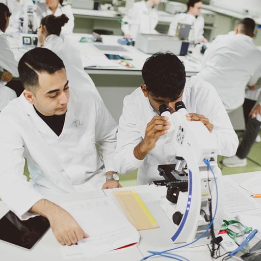 Two students in a lab, one is looking through a microscope