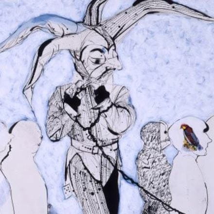 Cartoon image of a jester infront of a queue of people